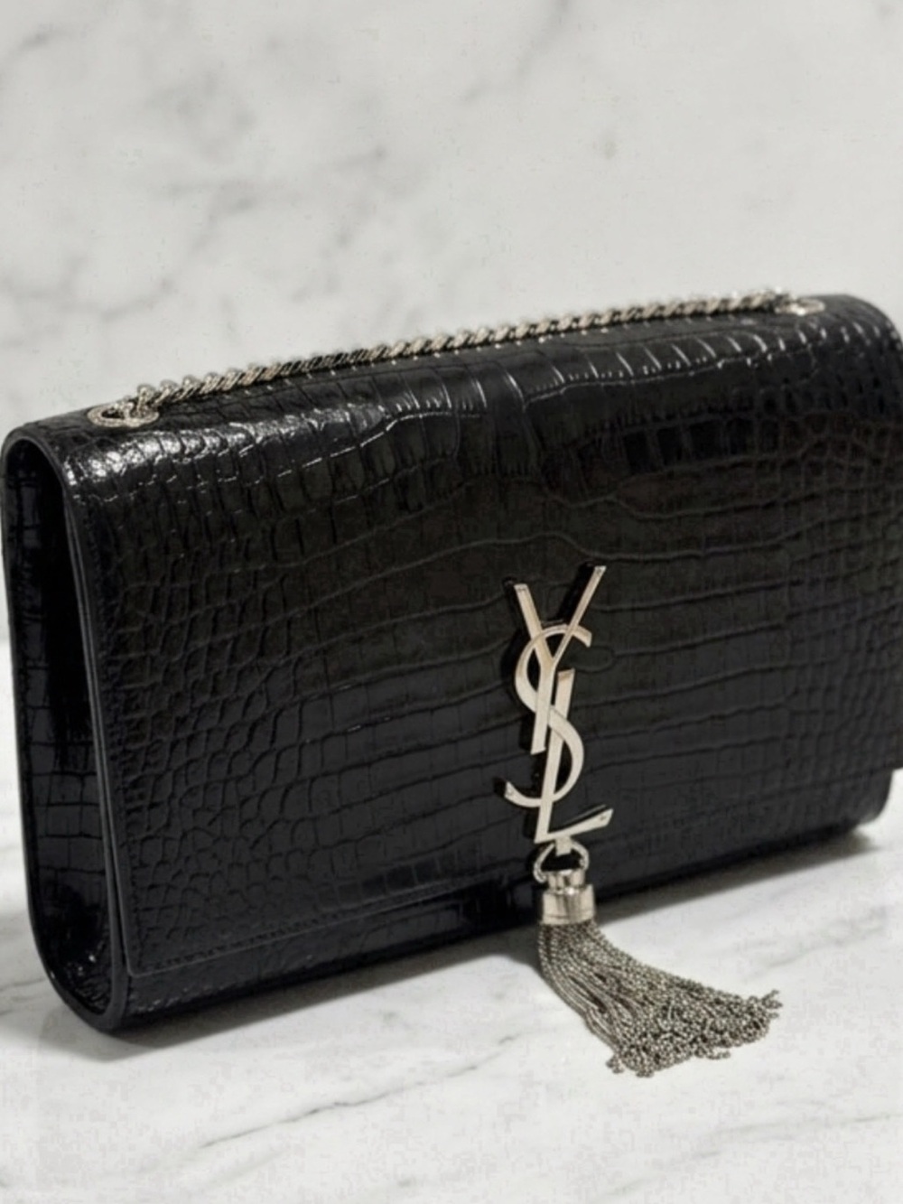 Saint Laurent KATE Black Croc-Embossed Tassel Chain Shoulder Bag